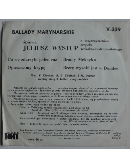 Julisz Wystup z towarzyszeniem zespołu wokalno-instrumentalnego  - Ballady marynarskie